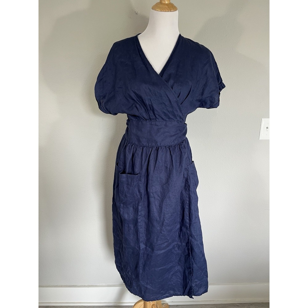 Lintico Midi Wrap Dress Size L 100% Linen Navy Blue Lagenlook Minimalist Capsule
